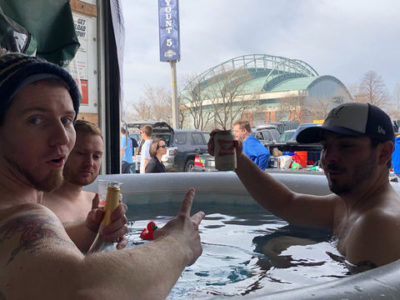 Brewer fans tailgate from hot tub