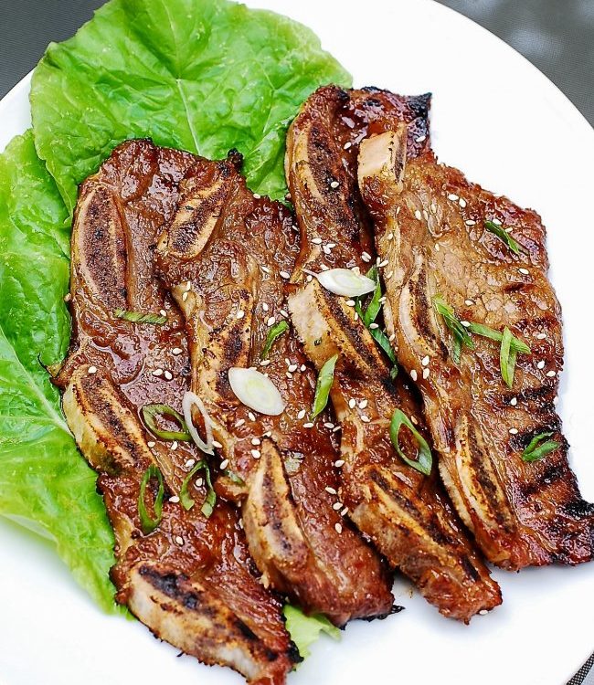 Korean BBQ short ribs on plate with lettuce; grilled ribs recipes concept