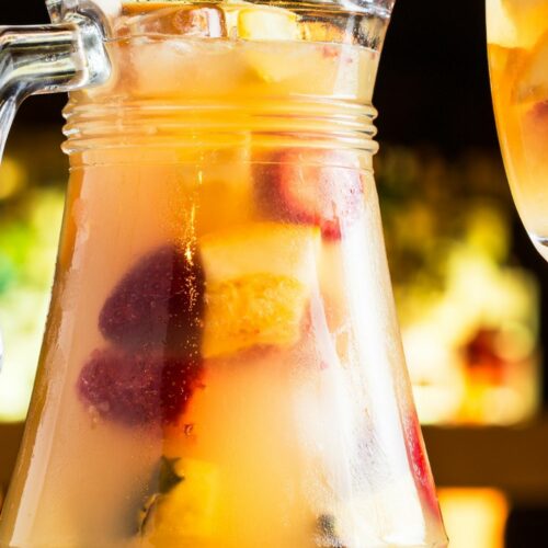 A pitcher filled with breakfast sangria and fruits