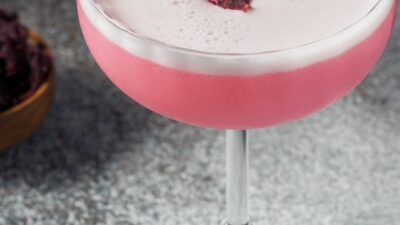 A pink habanero hibiscus sour in a coup glass with egg white foam on top
