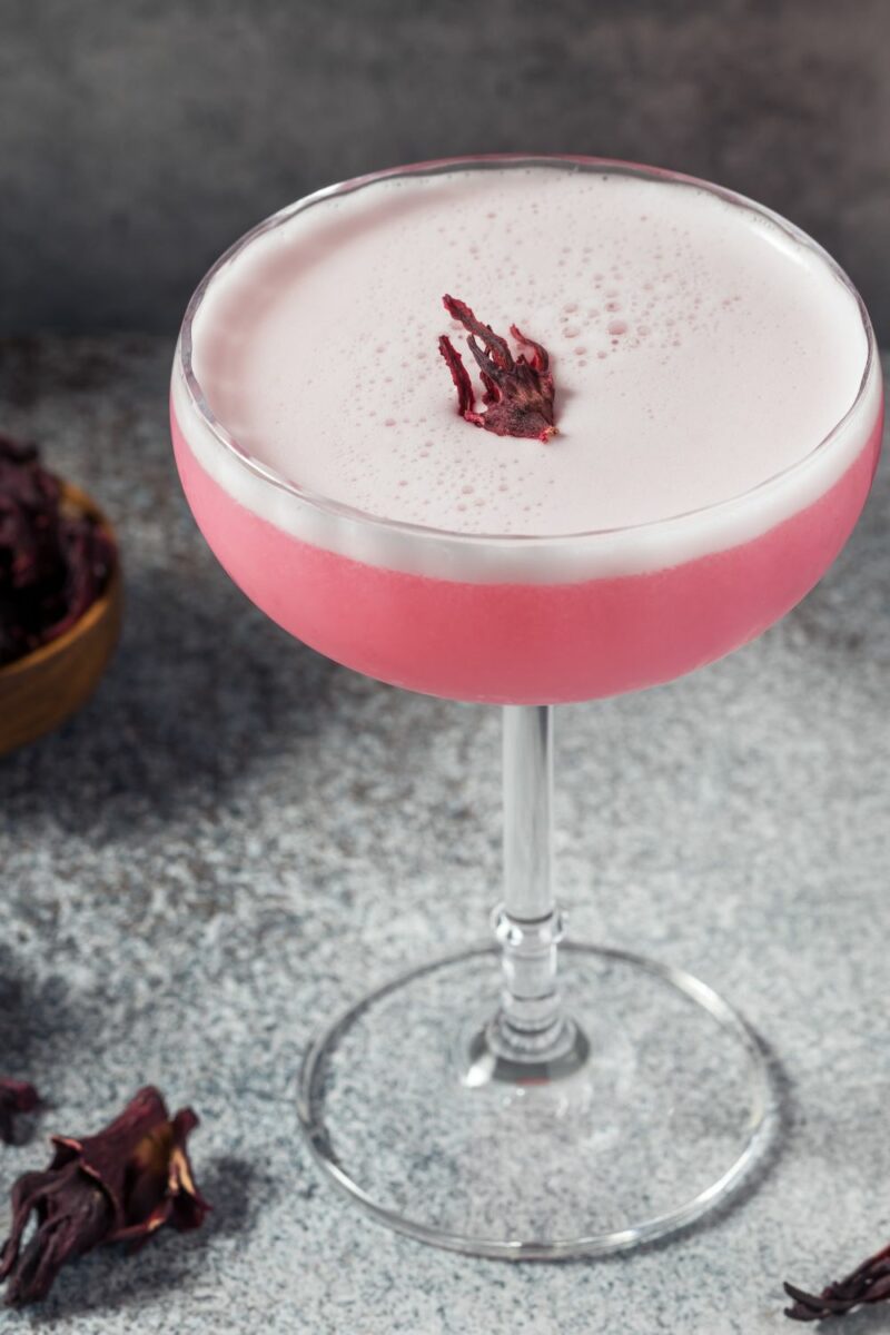 10 Spring Cocktails To Brighten Up Your Day 1 A pink habanero hibiscus sour in a coup glass with egg white foam on top
