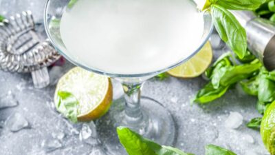 Our garden point of view martini in a martini glass with basil all around it
