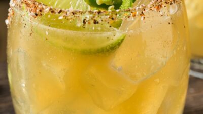 A desert heat cocktail in a glass with a lime slice