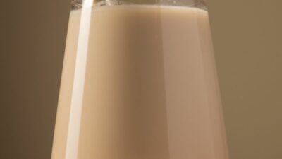 Boozy white hot chocolate in a glass with a straw.