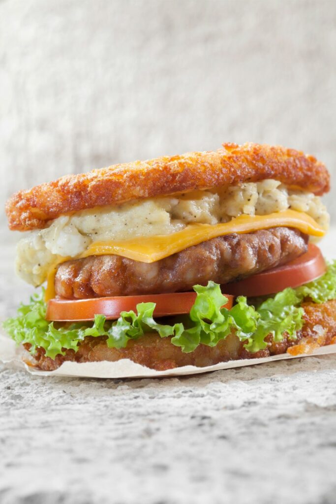 A hash brown burger with beef, cheese and hash brown patties instead of buns.