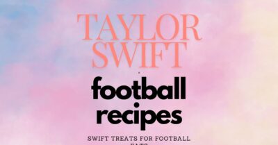 An image of a cotton candy sky with the words Taylor Swift Football Recipes on it.