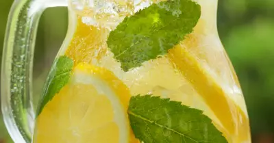 A glass pitcher filled with vodka mint lemonade, lemon slices, and mint leaves.