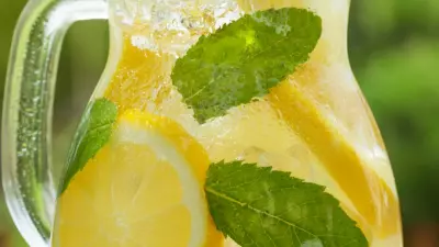 A glass pitcher filled with vodka mint lemonade, lemon slices, and mint leaves.
